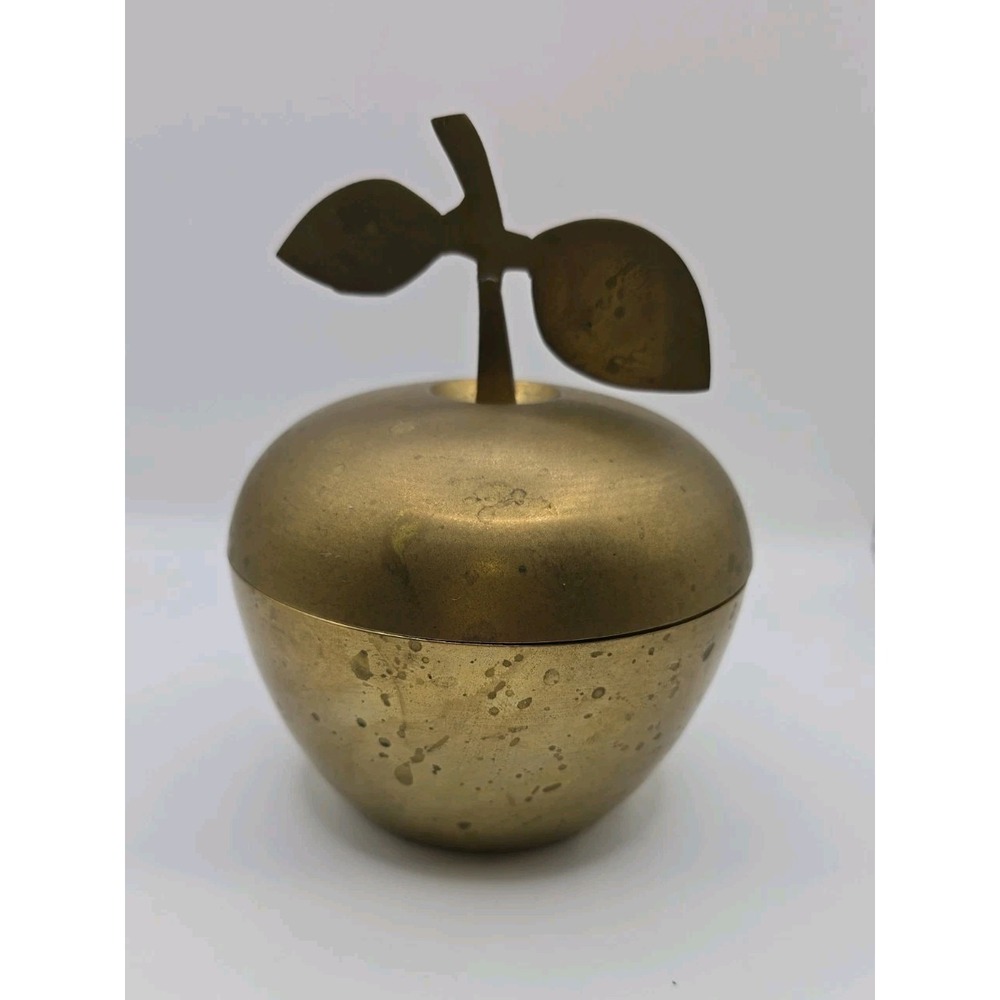 Vintage MCM Solid Brass Apple Candy Trinket Dish with Lid Table Office Decor